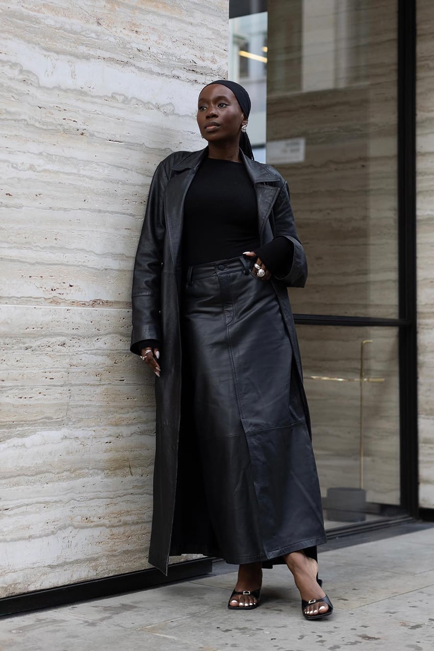 Longline Black Leather Trench Coat with Maxi Skirt — Black Trench Coat Outfit
