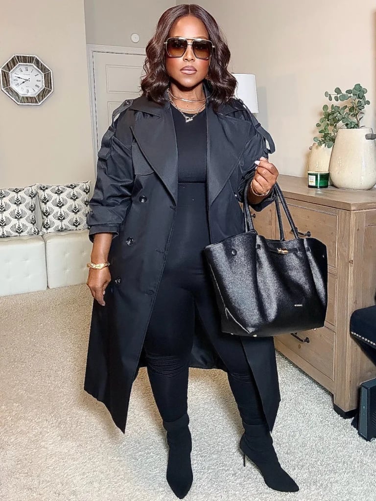 Monochromatic Black Trench Coat Over Jumpsuit — Black Trench Coat Outfit