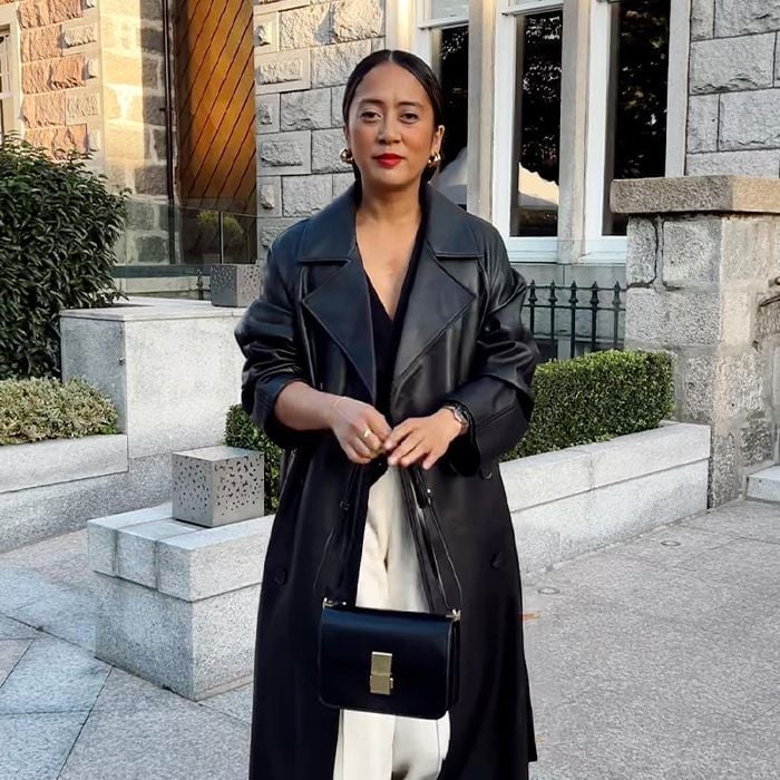 Fitted Black Leather Trench Coat with Cream Pants — Black Trench Coat Outfit