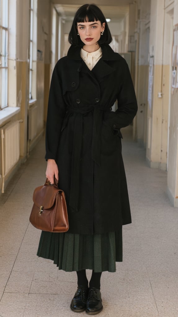 Oversized Black Trench Coat with Pleated Skirt — Black Trench Coat Outfit