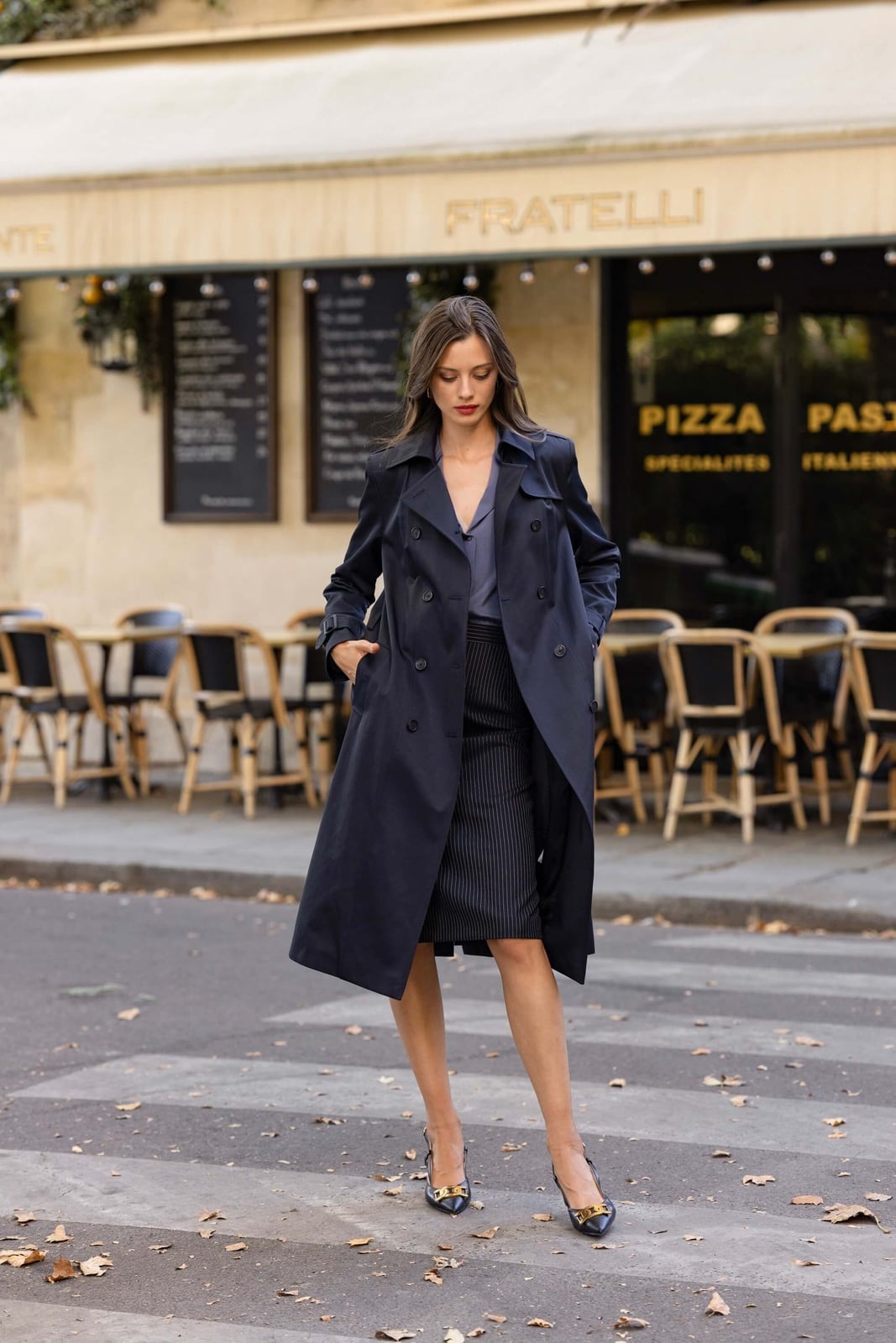 Navy Trench Coat with Pinstripe Pencil Skirt — Black Trench Coat Outfit