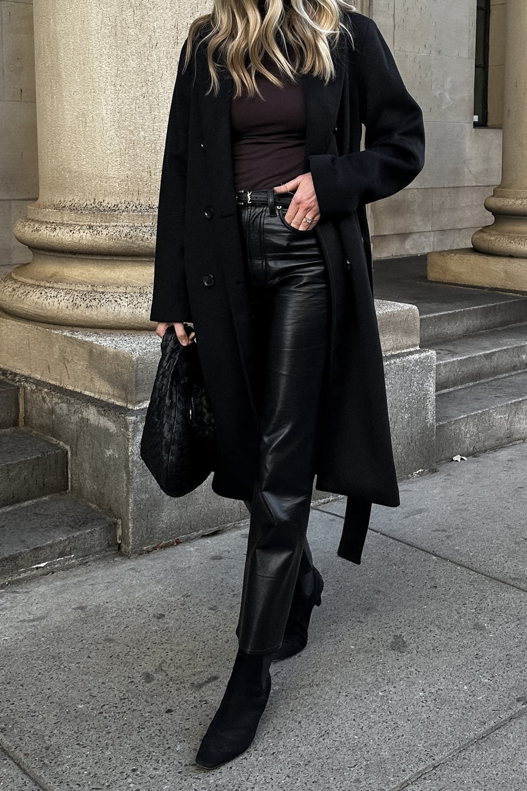 Black Wool Blend Coat with Leather Trousers — Black Trench Coat Outfit