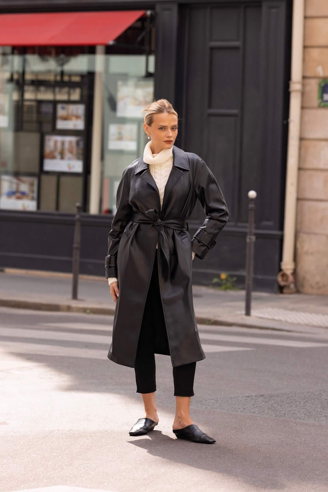 Belted Black Leather Trench Coat with Cropped Trousers — Black Trench Coat Outfit