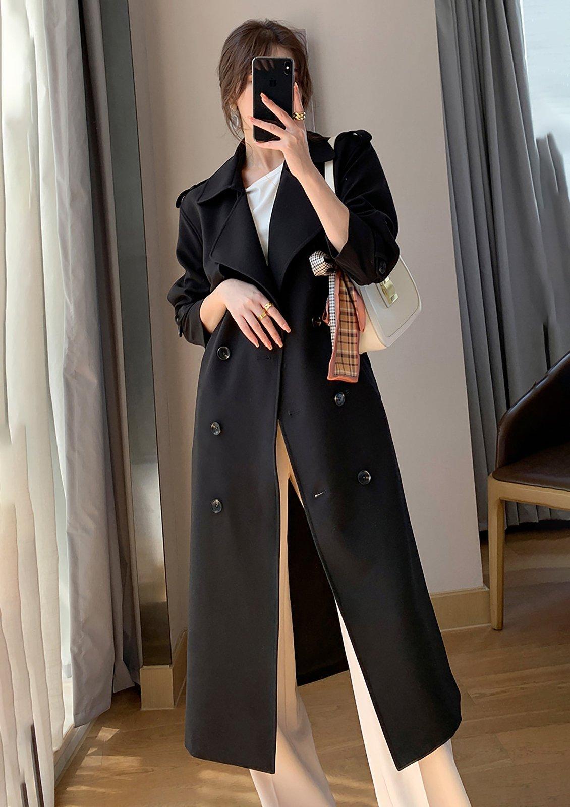 Long Black Double-Breasted Trench Coat with Wide-Leg Trousers — Black Trench Coat Outfit