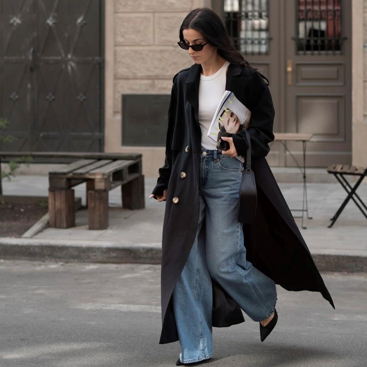 Black Trench Coat Over White T-Shirt and Blue Jeans — Black Trench Coat Outfit