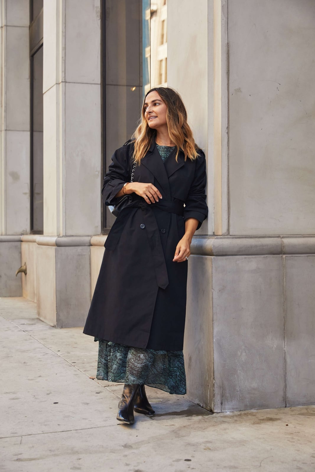 Black Trench Coat Over a Printed Midi Dress — Black Trench Coat Outfit