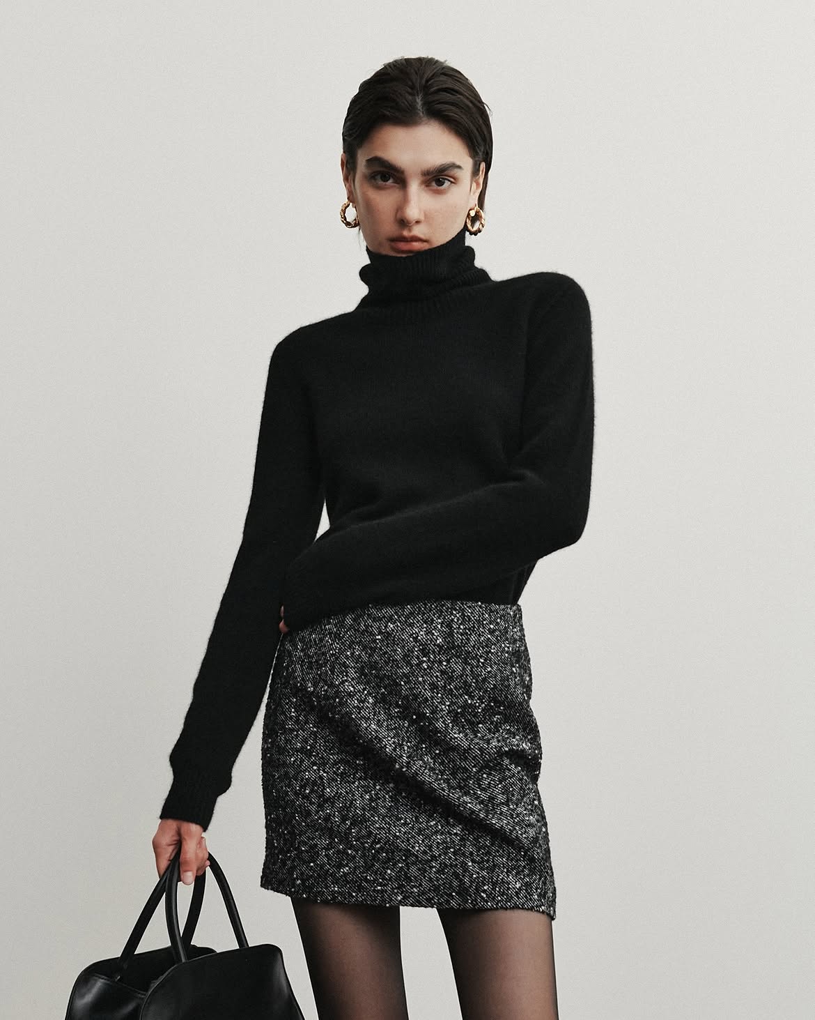 Black Turtleneck And Tweed Mini Skirt Look