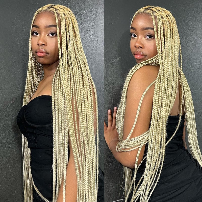 Mid-Back Platinum Blonde Dense Straight Box Braids, Close-Up Take — Blonde Braids