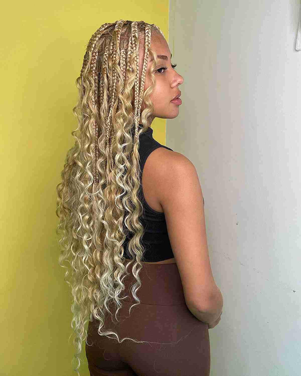 Mid-Back Platinum Blonde Curly Box Braids — Blonde Braids
