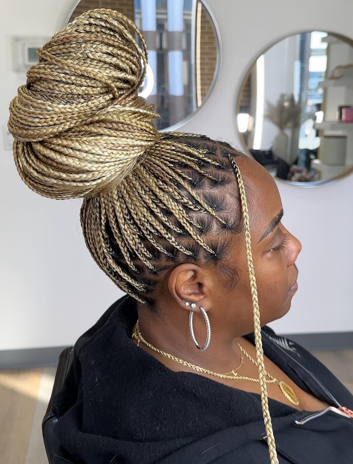 Mid-Back Ash Beige Blonde Box Braids Bun With Grid Pattern — Blonde Braids
