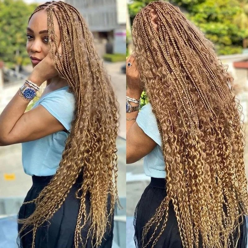 Mid-Back Honey Blonde Braids With Voluminous Curls, Wavy