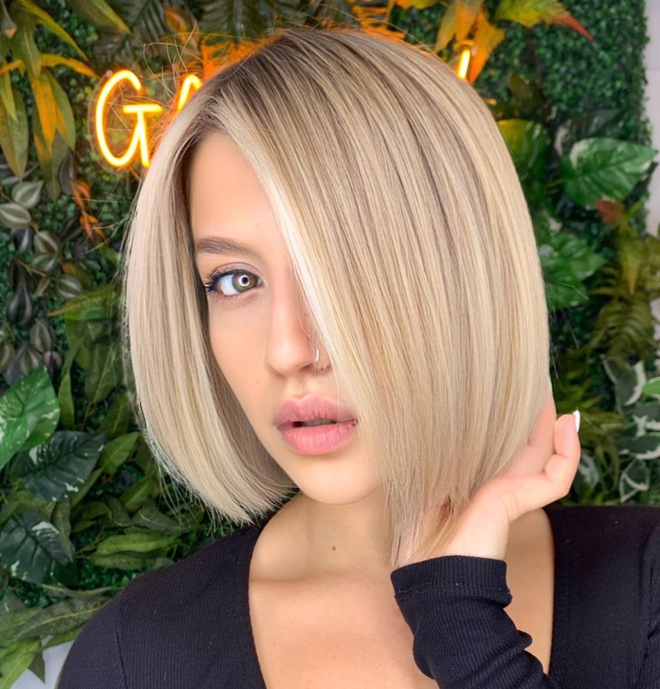 Ash Blonde Bob With Blunt Fringe And Root Shadow — Blonde Short Hair