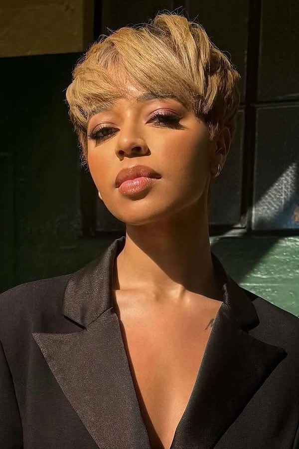 Golden Blonde Pixie With Feathered Bangs — Blonde Short Hair