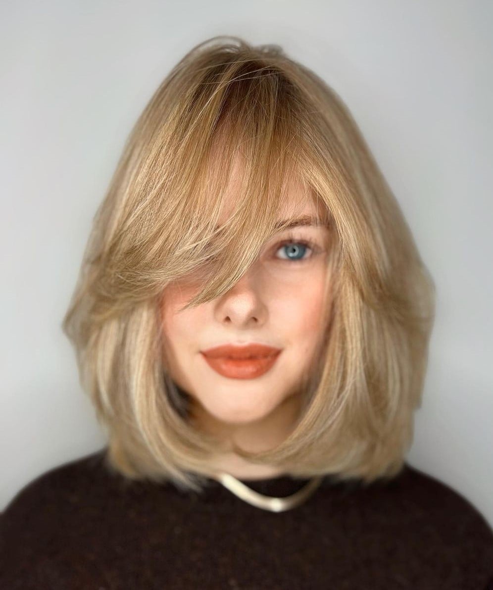 Layered Golden Blonde Lob With Face-Framing Bangs — Blonde Short Hair