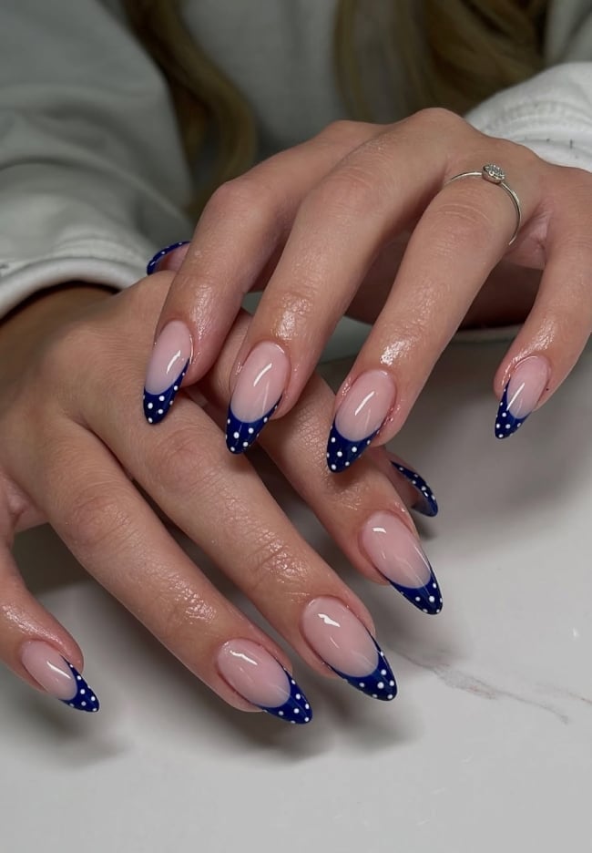 Deep Blue Polka Dot French Tip Medium Almond Nails Deep Blue Polka Dot French Tip Medium Almond Nails — Blue Almond Nails