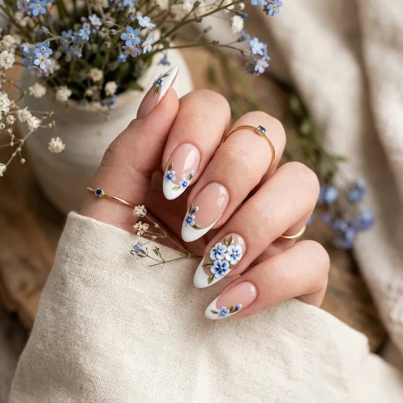 Nude Base Blue Green Floral French Tip Medium Almond Nails Nude Base Blue Green Floral French Tip Medium Almond Nails — Blue Almond Nails