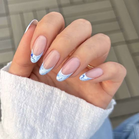 Nude Base Marbled Blue White French Tip Medium Almond Nails, Glossy Nude Base Marbled Blue White French Tip Medium Almond Nails, Glossy — Blue Almond Nails