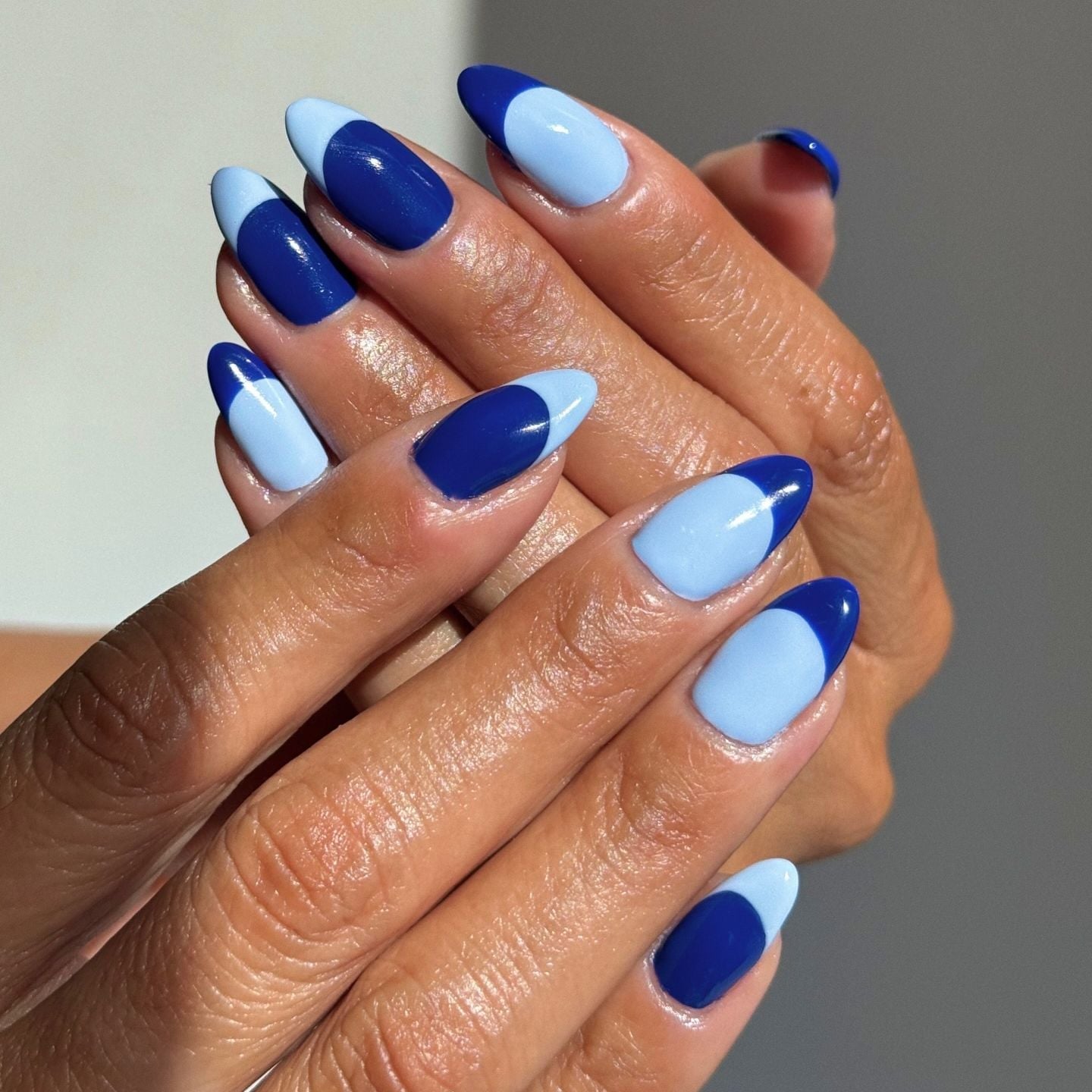 Royal Blue Light Blue Color Blocking Medium Almond Nails Royal Blue Light Blue Color Blocking Medium Almond Nails — Blue Almond Nails