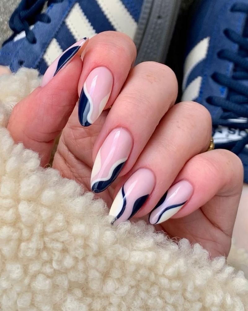 Pink Navy Blue Off White Wavy Lines Long Almond Nails Pink Navy Blue Off White Wavy Lines Long Almond Nails — Blue Almond Nails