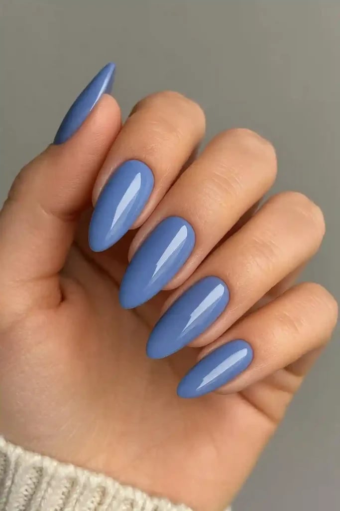 Glossy Medium Dusty Blue Almond Nails Glossy Medium Dusty Blue Almond Nails