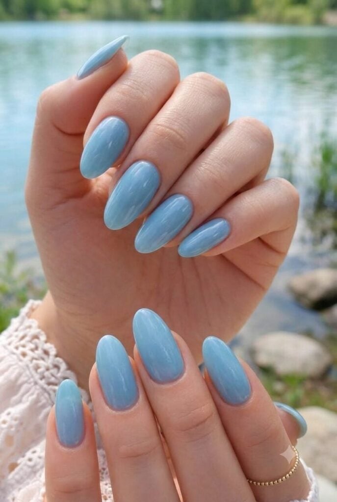 Uniform Milky Blue Almond Nails Uniform Milky Blue Almond Nails