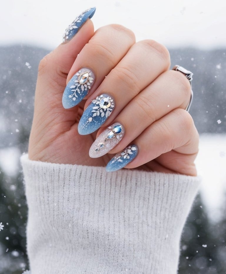 Long Pointed Blue Gradient Snowflake Nails Long Pointed Blue Gradient Snowflake Nails — Blue Christmas Nails