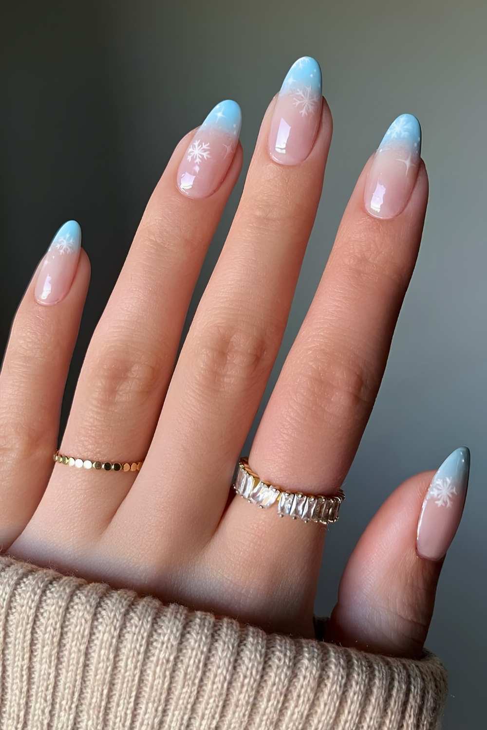 Medium Almond Soft Blue Ombre Snowflake Nails Medium Almond Soft Blue Ombre Snowflake Nails — Blue Christmas Nails