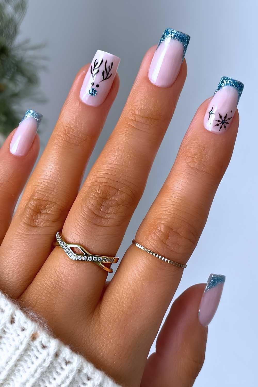 Medium Soft Square Pink Blue Glitter French Nails Medium Soft Square Pink Blue Glitter French Nails — Blue Christmas Nails