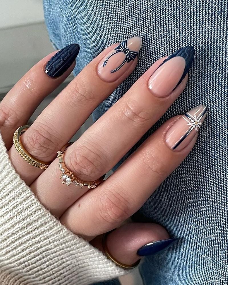 Medium Almond Navy Textured Knit French Nails Medium Almond Navy Textured Knit French Nails — Blue Christmas Nails