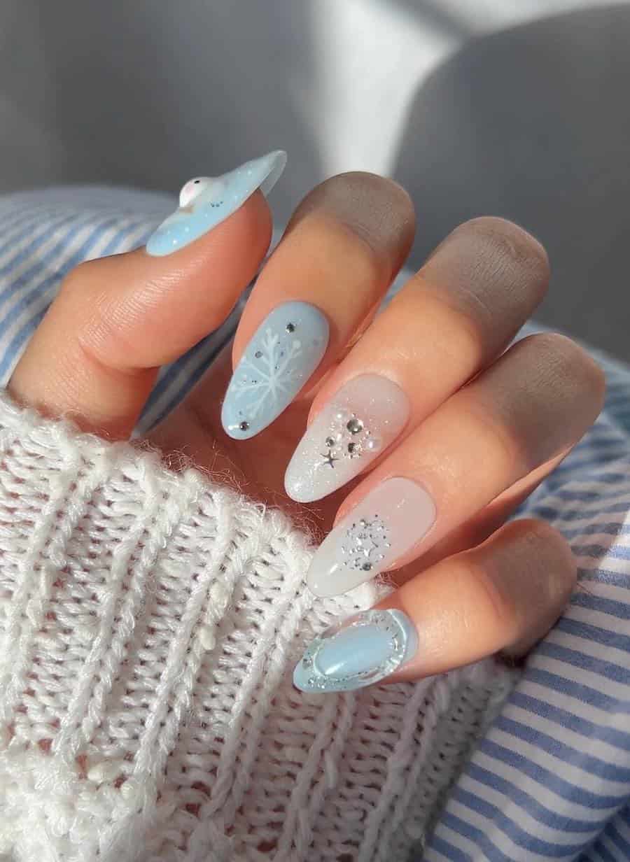 Medium Almond Light Blue Glitter Snowflake Nails, Glossy Medium Almond Light Blue Glitter Snowflake Nails, Glossy — Blue Christmas Nails