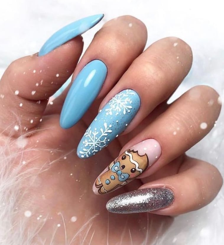 Long Almond Sky Blue Gingerbread Man Nails Long Almond Sky Blue Gingerbread Man Nails — Blue Christmas Nails