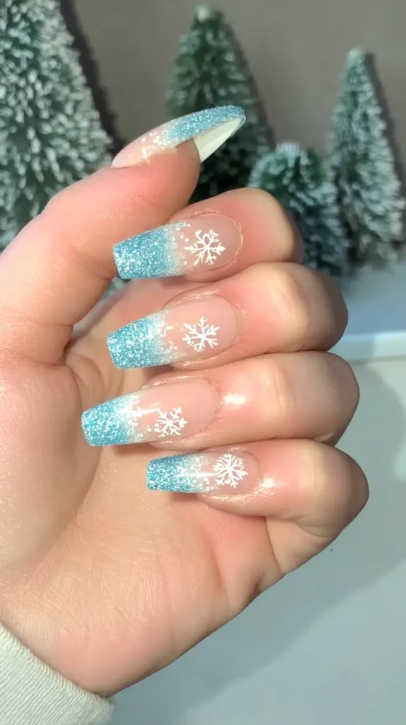 Long Square Blue Glitter Gradient Snowflake Nails Long Square Blue Glitter Gradient Snowflake Nails — Blue Christmas Nails