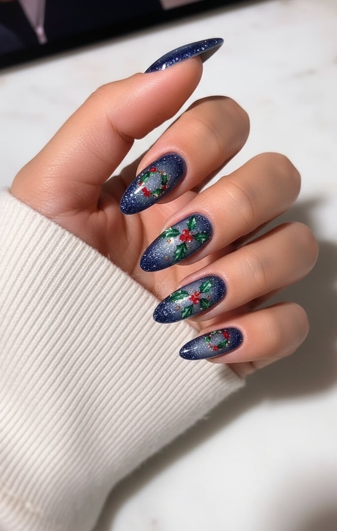 Long Almond Dark Blue Holly Wreath Nails Long Almond Dark Blue Holly Wreath Nails — Blue Christmas Nails