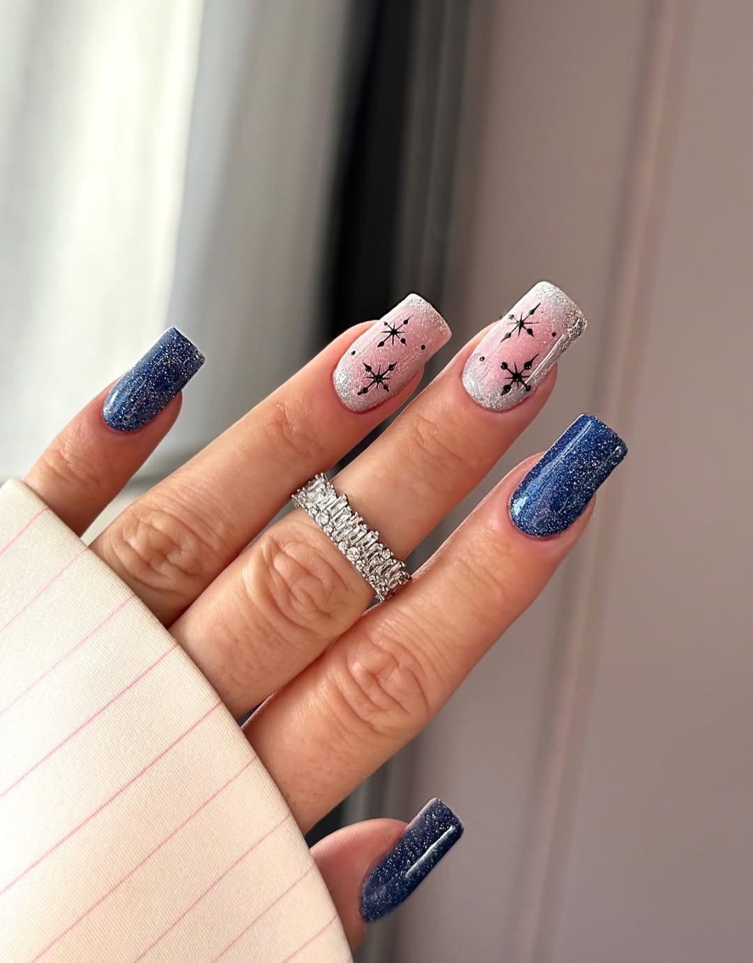 Blue Glitter And Snowflake Square Winter Nails
