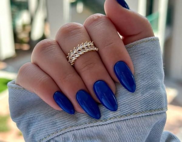 Simple Sapphire Blue Almond-Shaped Nails, Nail Polish, Nail Colour