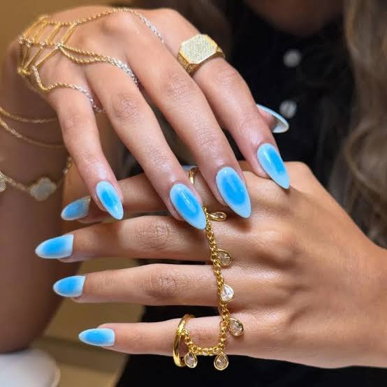 Long Almond French Tips with Blue Butterfly Decals, Close-Up Take Long Almond French Tips with Blue Butterfly Decals, Close-Up Take — Blue Nails