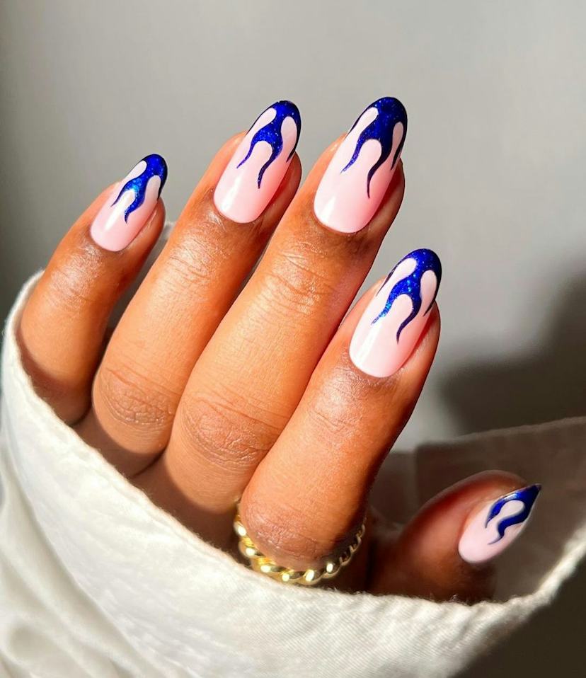 Light Pink Base with Dark Blue Flame Art Medium Oval Nails Light Pink Base with Dark Blue Flame Art Medium Oval Nails — Blue Nails