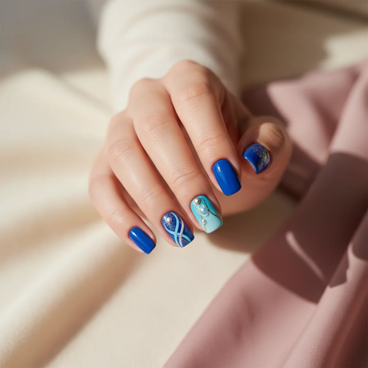 Short Square Blue Designs with Geometric Lines and Pearls Short Square Blue Designs with Geometric Lines and Pearls — Blue Nails