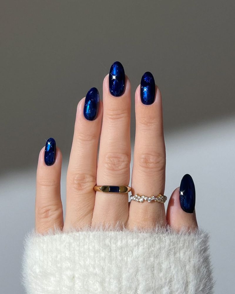 Dark Blue Shimmer Glossy Medium Oval Nails Dark Blue Shimmer Glossy Medium Oval Nails — Blue Nails