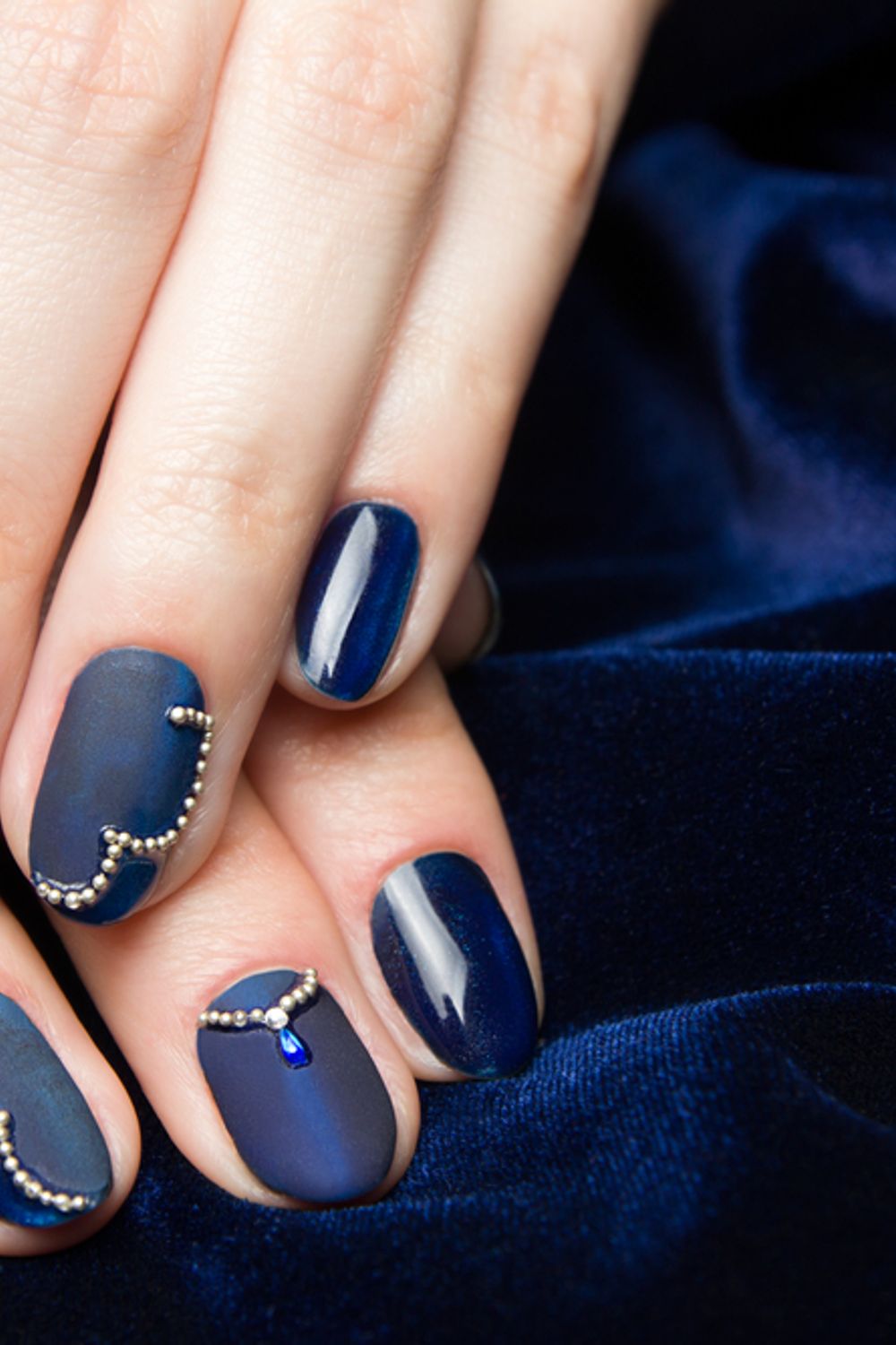 Matte and Glossy Deep Blue Almond Nails with Gold Beads and Rhinestone Matte and Glossy Deep Blue Almond Nails with Gold Beads and Rhinestone — Blue Nails
