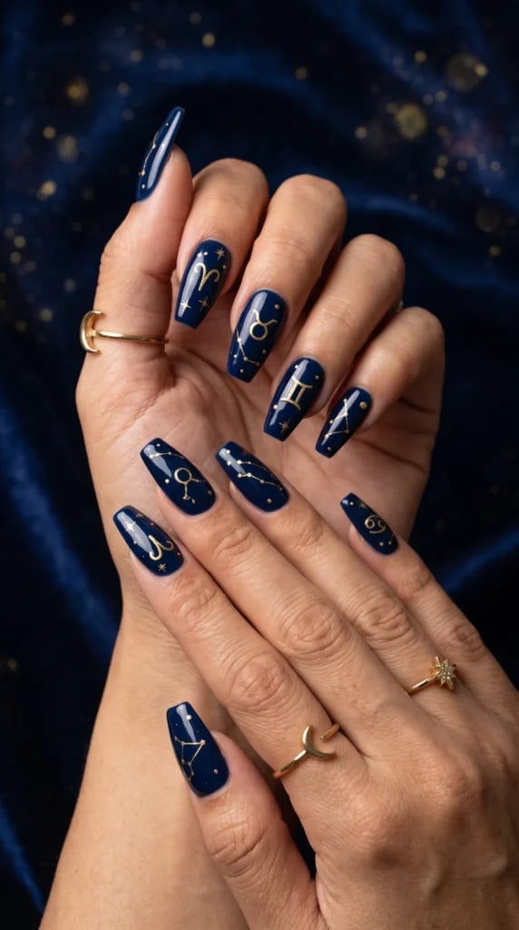 Long Coffin Blue Nails with Gold Zodiac Constellation Art Long Coffin Blue Nails with Gold Zodiac Constellation Art