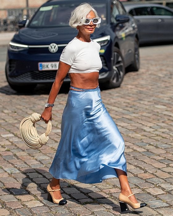 Sky Blue Satin Midi Skirt with White Crop Top — Blue Skirt Outfit
