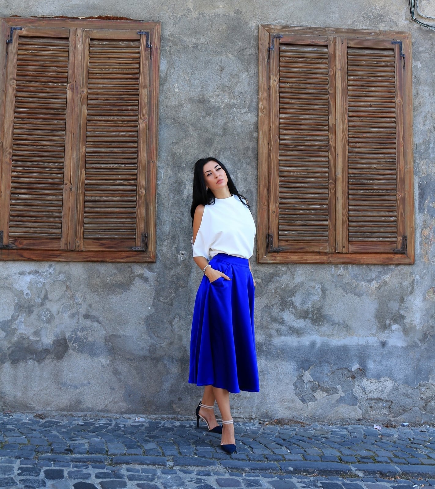 Royal Blue Midi Skirt with Cold-Shoulder Top — Blue Skirt Outfit