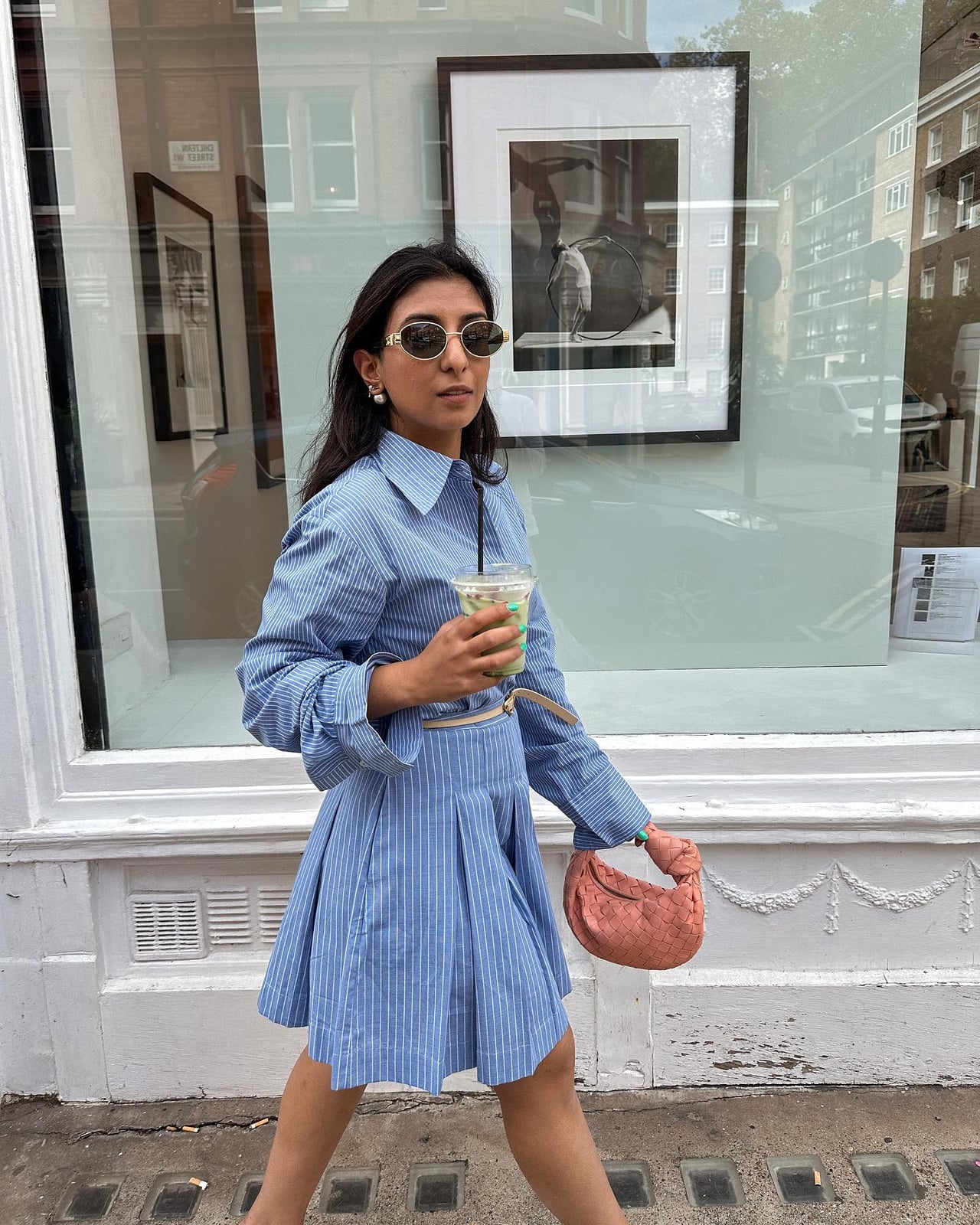 Pinstripe Pleated Skirt with Matching Button-Up Shirt — Blue Skirt Outfit
