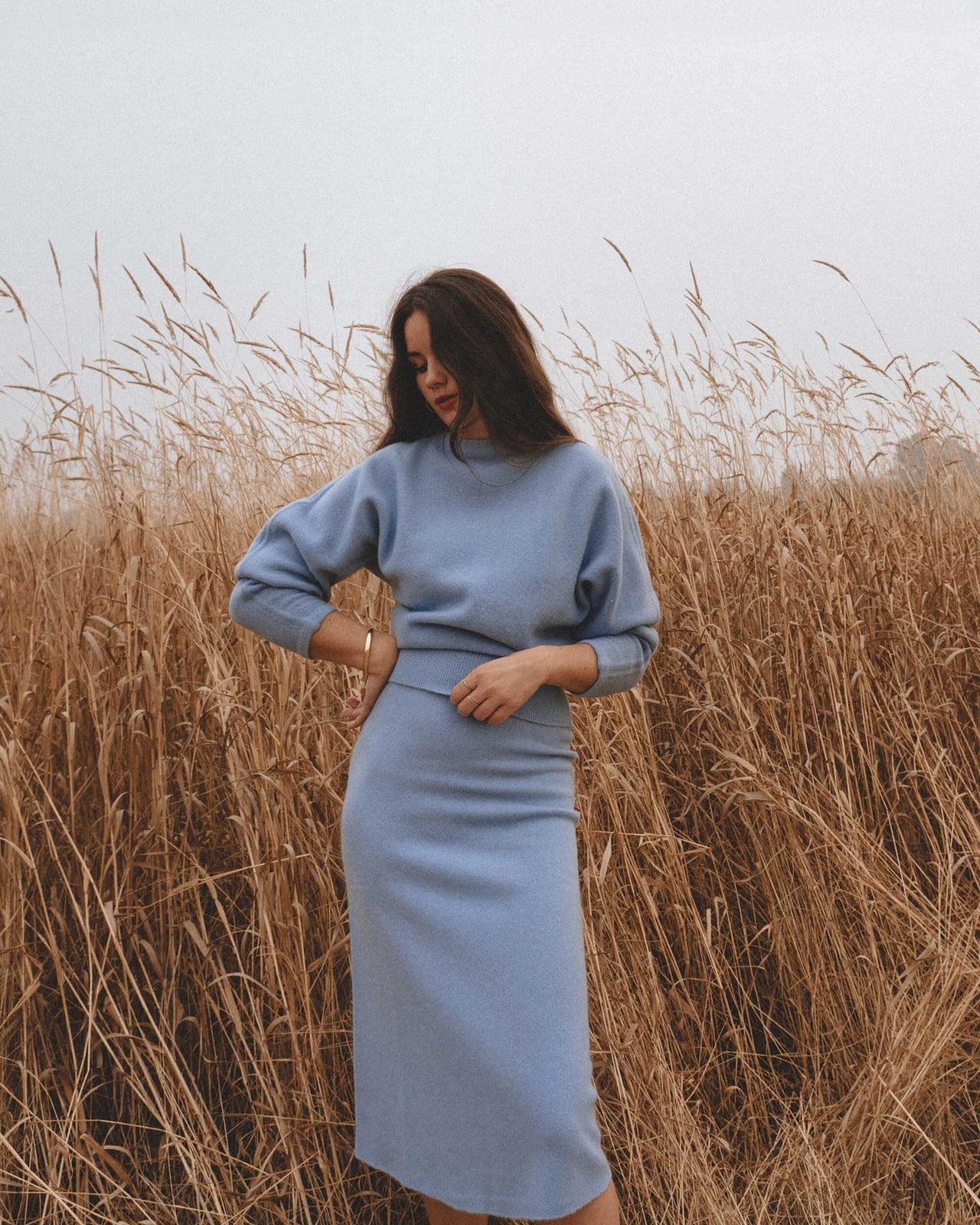 Light Blue Knit Midi Skirt and Matching Sweater — Blue Skirt Outfit