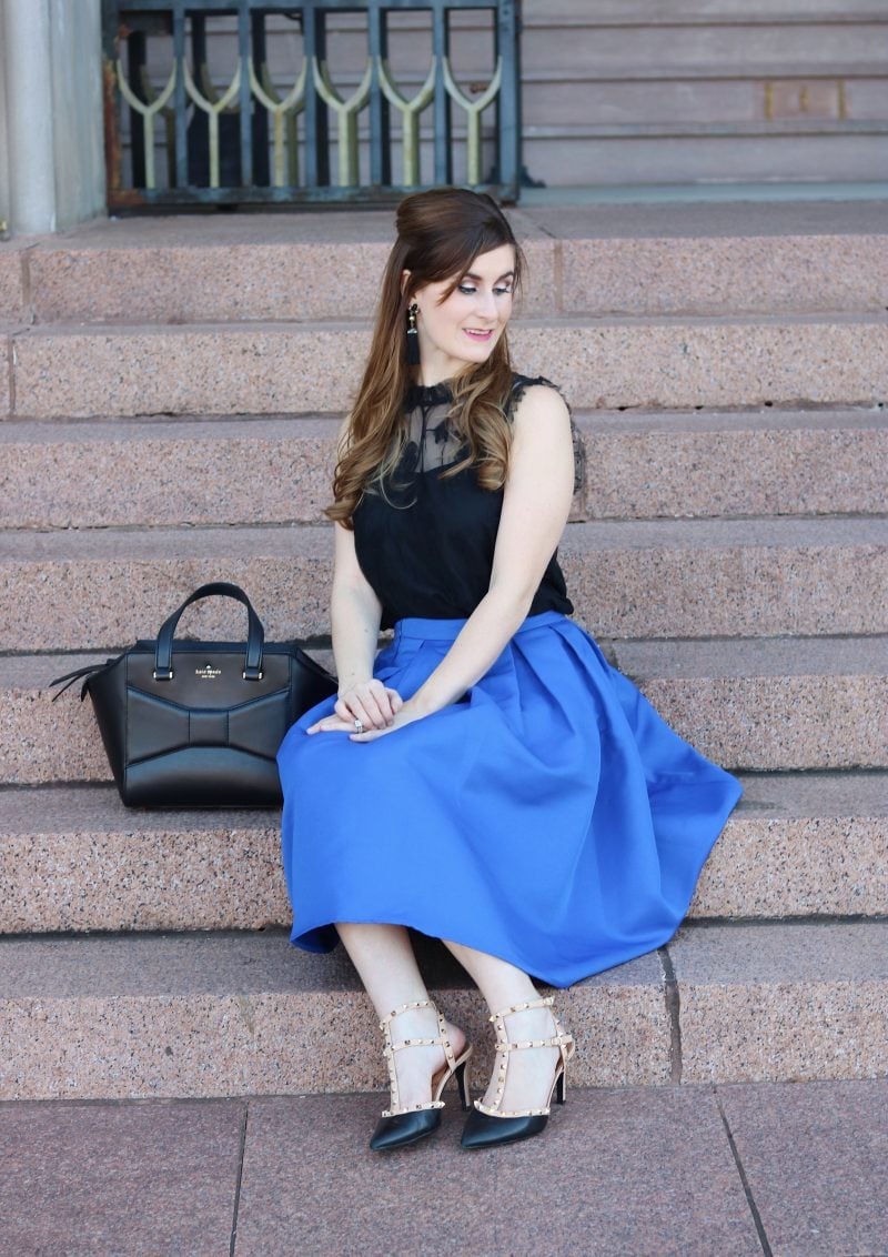 Royal Blue Midi Skirt with Black Lace Top — Blue Skirt Outfit