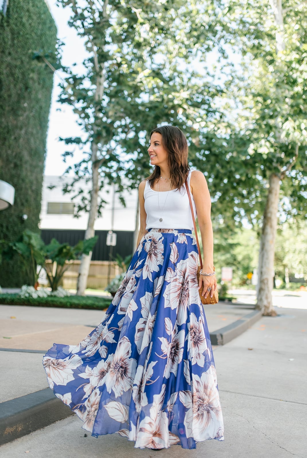 Blue and White Floral Maxi Skirt with Tank Top — Blue Skirt Outfit