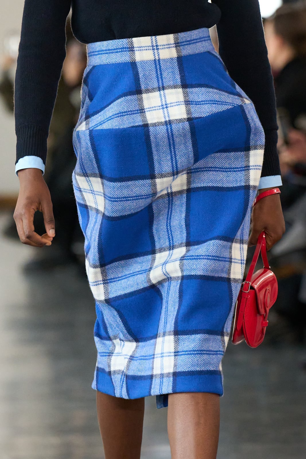 Plaid Midi Skirt with Matching Long-Sleeved Top — Blue Skirt Outfit