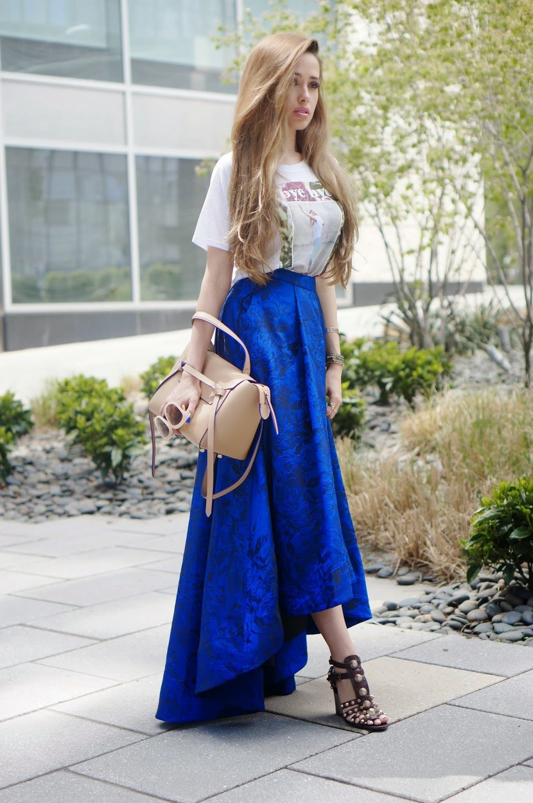 Royal Blue Textured Skirt with Graphic T-Shirt — Blue Skirt Outfit