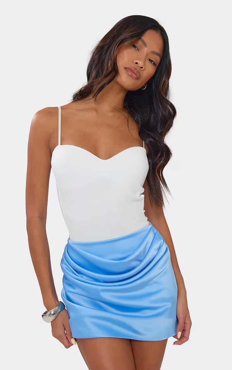 Bright Blue Satin Mini Skirt with Ruched Detail — Blue Skirt Outfit